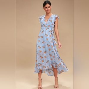 Astr The Label Blue Floral Print Midi Wrap Dress
